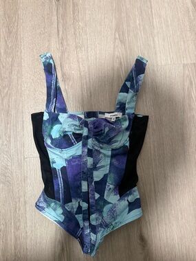 Miaou Blue & Teal Floral Bustier Bodysuit with Black Side Panels